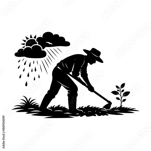 Farmer planting tree under stormy sky