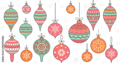 Set of vintage Christmas ornaments and baubles with patterns, hand drawn holiday decorations vector illustration