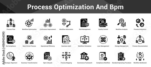 Process Optimization And Bpm Cohesive set of minimalist vector icons representing key ideas with visual clarity