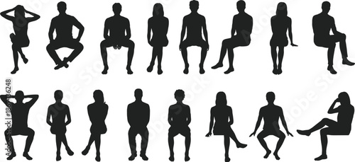 Seated people silhouettes set, men and women sitting poses isolated on white background, human posture collection illustration vector design elements