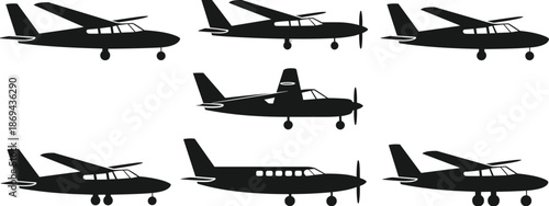 Small airplane silhouette set, light aircraft icons isolated on white background aviation vector illustration collection design minimal black flying planes