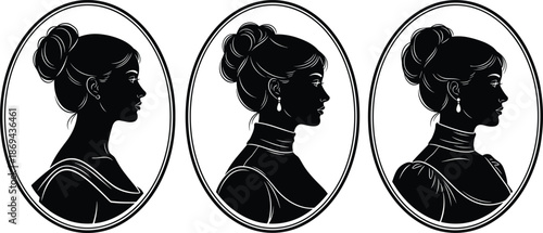 Victorian women cameo silhouettes set, elegant female profile portraits framed in oval, vintage classic illustration isolated on white background design