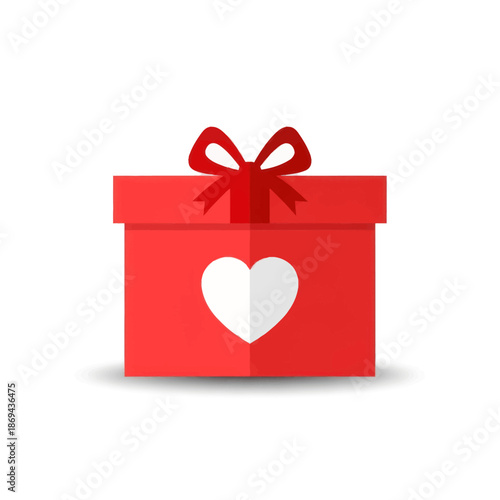 Red gift box with heart shape on the front and ribbon on top.