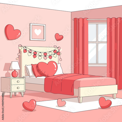 Cozy bedroom decorated for Valentine's Day with hearts and pink decor.