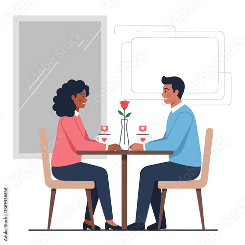 Couple having a romantic dinner date at a restaurant table.