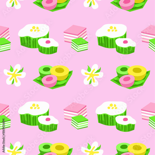 A seamless pattern featuring traditional Thai desserts including Khanom Chan (layered cake), Tako (coconut pudding), and Nam Dok Mai (flower-shaped jelly), along with stylized frangipani flowers.