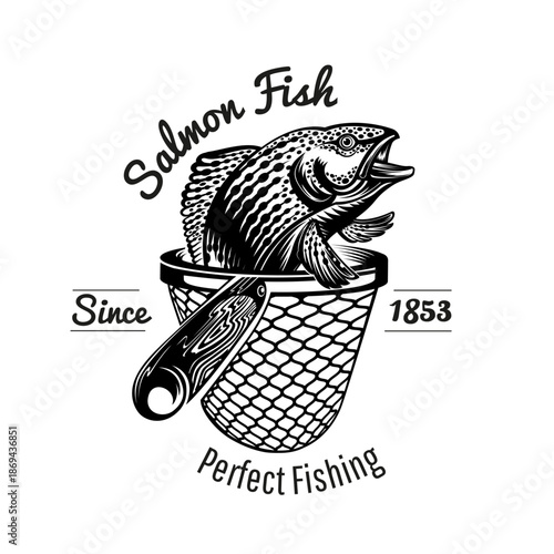 Salmon Fish in Landing Net Monochrome Vector Illustration