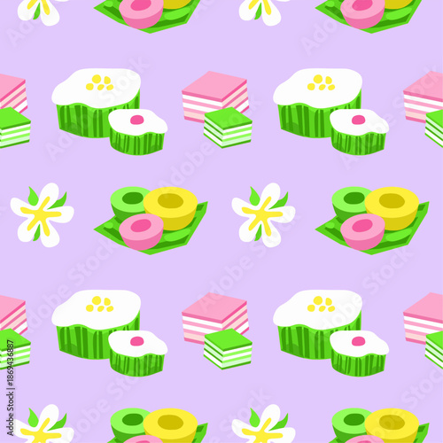 A seamless pattern showcasing Thai sweets such as Khanom Chan, Tako, and Nam Dok Mai, paired with frangipani flowers on a soft purple background. The design blends tradition with whimsy,