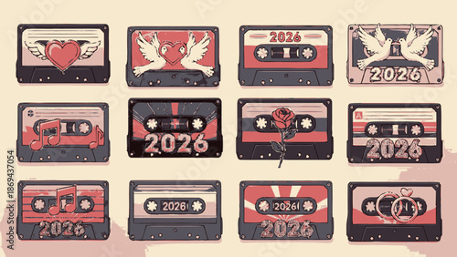 Collection of retro cassette tapes with 2026 label and various designs.