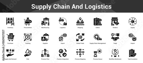 Supply Chain And Logistics Cohesive set of minimalist vector icons representing key ideas with visual clarity