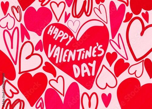 Romantic wallpaper pattern design of red hearts against pink background with Happy Valentine's Day lettering. Postcard and banner website for Valentine's Day, wedding and romantic details.