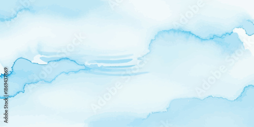 Abstract light blue watercolor stain background with flowing paint texture and smooth white space for design