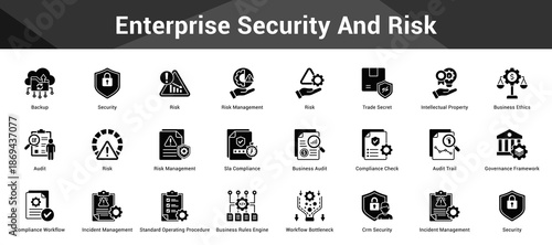 Enterprise Security And Risk Cohesive set of minimalist vector icons representing key ideas with visual clarity