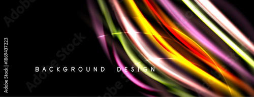 Dynamic colorful lines create abstract background. Bright streaks suggest movement, energy, modern design elements. Black dominates space.