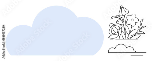 Nature, weather forecast, gardening, environment, decoration, minimal art. A pastel blue cloud alongside line art of flowers. Nature and weather forecast concept