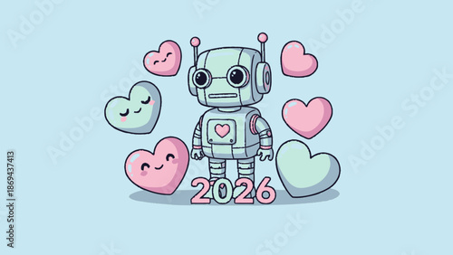 Cute cartoon robot surrounded by hearts and the year 2026.