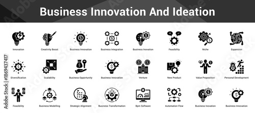 Business Innovation And Ideation Cohesive set of minimalist vector icons representing key ideas with visual clarity