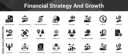 Financial Strategy And Growth Cohesive set of minimalist vector icons representing key ideas with visual clarity