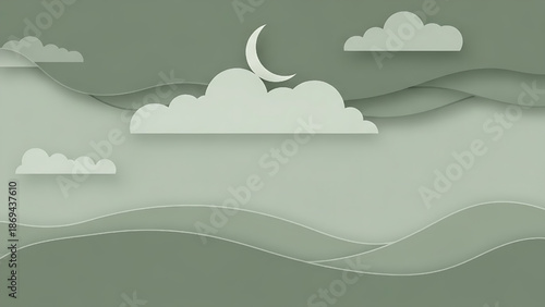Gentle Moonlit Night Sky with Soft Clouds and Rolling Hills in a Serene Landscape