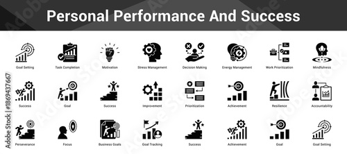 Personal Performance And Success Cohesive set of minimalist vector icons representing key ideas with visual clarity