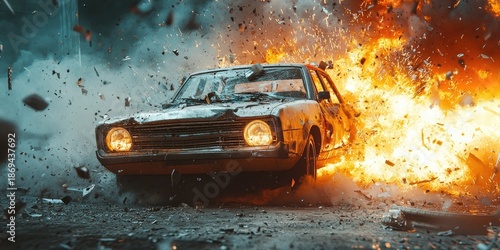 Damaged muscle car drives through intense explosion with flying debris, fire, and smoke in urban setting. Generative by AI.