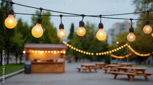 Outdoor string lights glowing above food stall and picnic tables at evening festival warm bokeh city park background