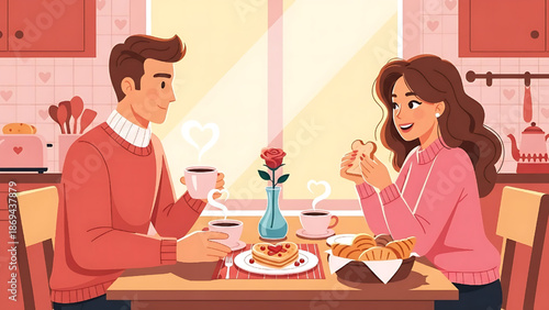 Charming illustration of a loving couple enjoying a romantic breakfast together in a cozy kitchen, complete with coffee, pancakes, and a red rose, symbolizing warmth and connection