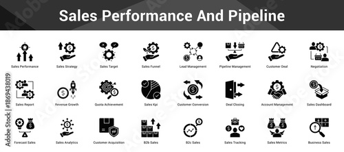 Sales Performance And Pipeline Cohesive set of minimalist vector icons representing key ideas with visual clarity