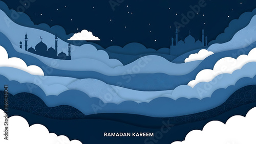 Ramadan Kareem A Beautiful Islamic Greeting Amidst a Starry Night Sky with Clouds and Mosques