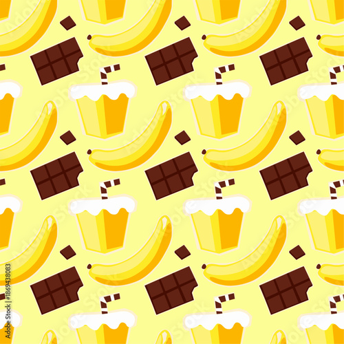 seamless pattern featuring stylized bananas, chocolate bars, and yellow whipped drinks with straws on a soft yellow background. The bold colors and playful shapes create a cheerful snack-themed 