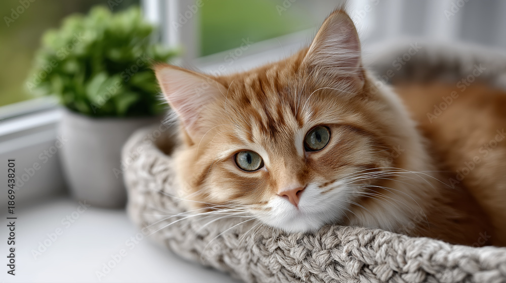 Naklejka premium Cute ginger cat lying in knitted basket on windowsill cozy home pet relaxation scene