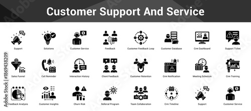 Customer Support And Service Cohesive set of minimalist vector icons representing key ideas with visual clarity