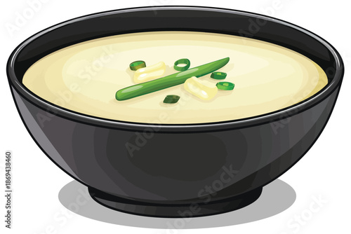 creamy soup with green bean in a ceramic black bowl s isolated illustration