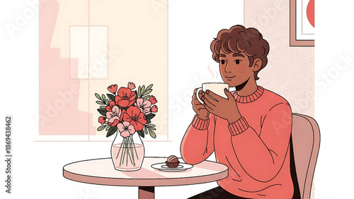 Young man enjoying coffee and cake at a table with flowers