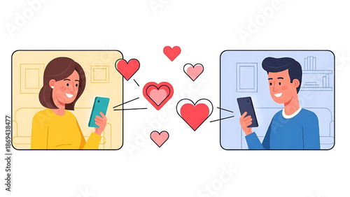 Online Dating Connection A Young Couple Finds Love and Establishes a Relationship Through Mobile Applications, Exchanging Hearts Digitally to Symbolize Virtual Romance and Modern Communication