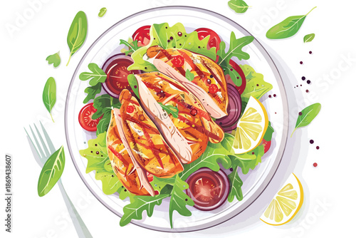 Grilled chicken breast with fresh salad in a plate to isolated illustration