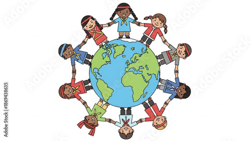 Diverse children holding hands around the earth globe in a circle of friendship and unity