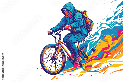 homeless person riding bicycle isolated illustration