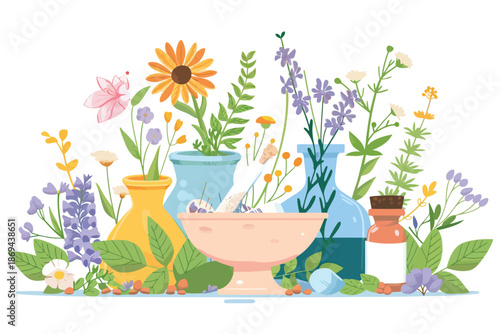Healing herbs used in traditional medicine isolated illustration