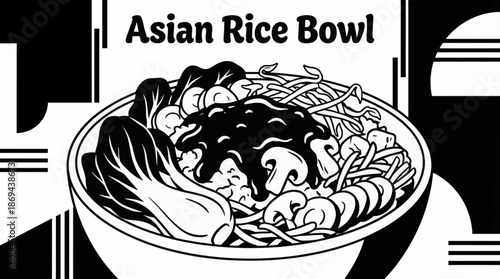Asian rice bowl topped with vegetables and sauce Black and white vector illustration, suitable for modern fusion food branding