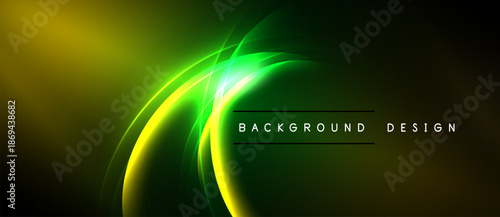 Abstract neon lines create vibrant green, yellow glow. Dark background emphasizes luminous curves, modern design elements.