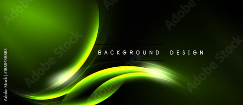 Dynamic green waves over black background. Modern design element, smooth curves create vibrant visual impact. Simple, elegant presentation.