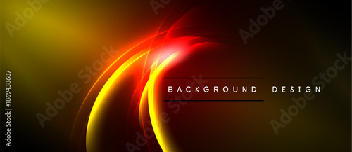 Abstract design features vibrant yellow, red curves. Dark background creates dramatic visual effect. Modern, sleek presentation.