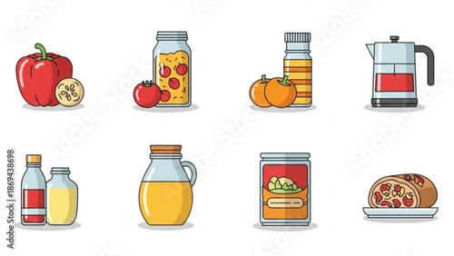 Colorful illustrations of various food and drink items on white background for cooking and recipe designs