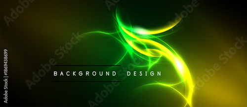Abstract vibrant design features swirling neon lines. Green, yellow hues dominate dark background. Text reads background design.