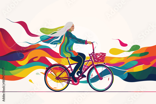 old woman riding bicycle isolated illustration