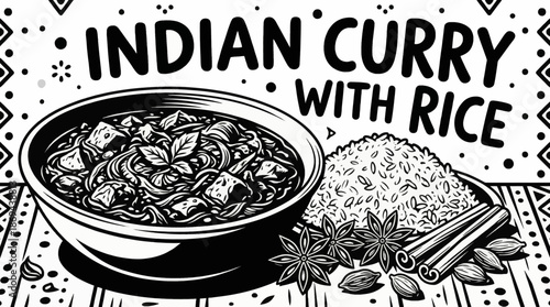 Indian curry served with rice and spices Black and white vector illustration, designed in clean outline style for menu and editorial use	