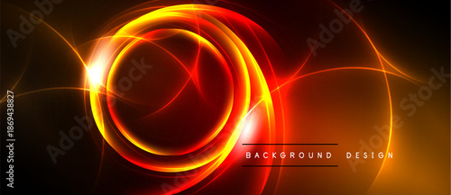 Bright neon circles radiate energy. Red, orange hues dominate dark background. Modern design element for digital projects.
