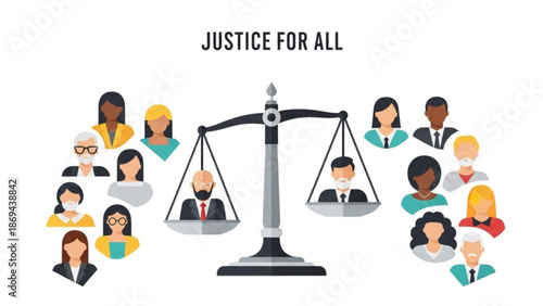 Diverse group of people surrounding a scale of justice with judges on each side
