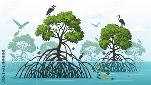 Illustration of mangrove trees with herons and birds in a serene wetland ecosystem with fish and lush green